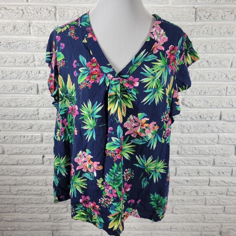 Jones New York 1X Plus Floral Blouse V-Neck Flutter Sleeve Rayon Top Multicolor